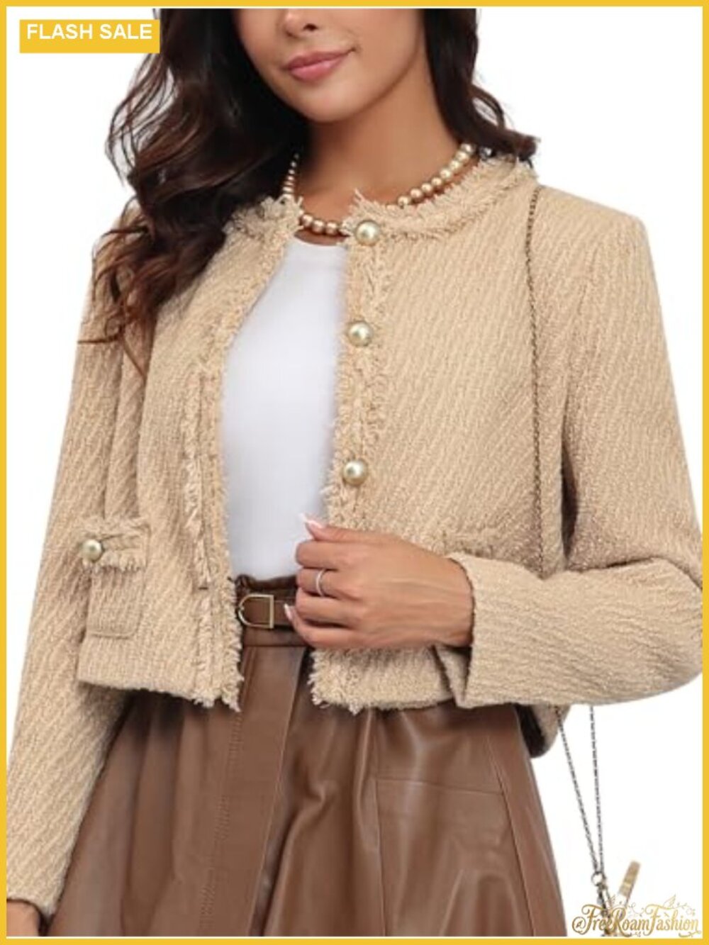 Tweed Cropped Blazer Jacket Women Collarless Button Pockets Business Casual